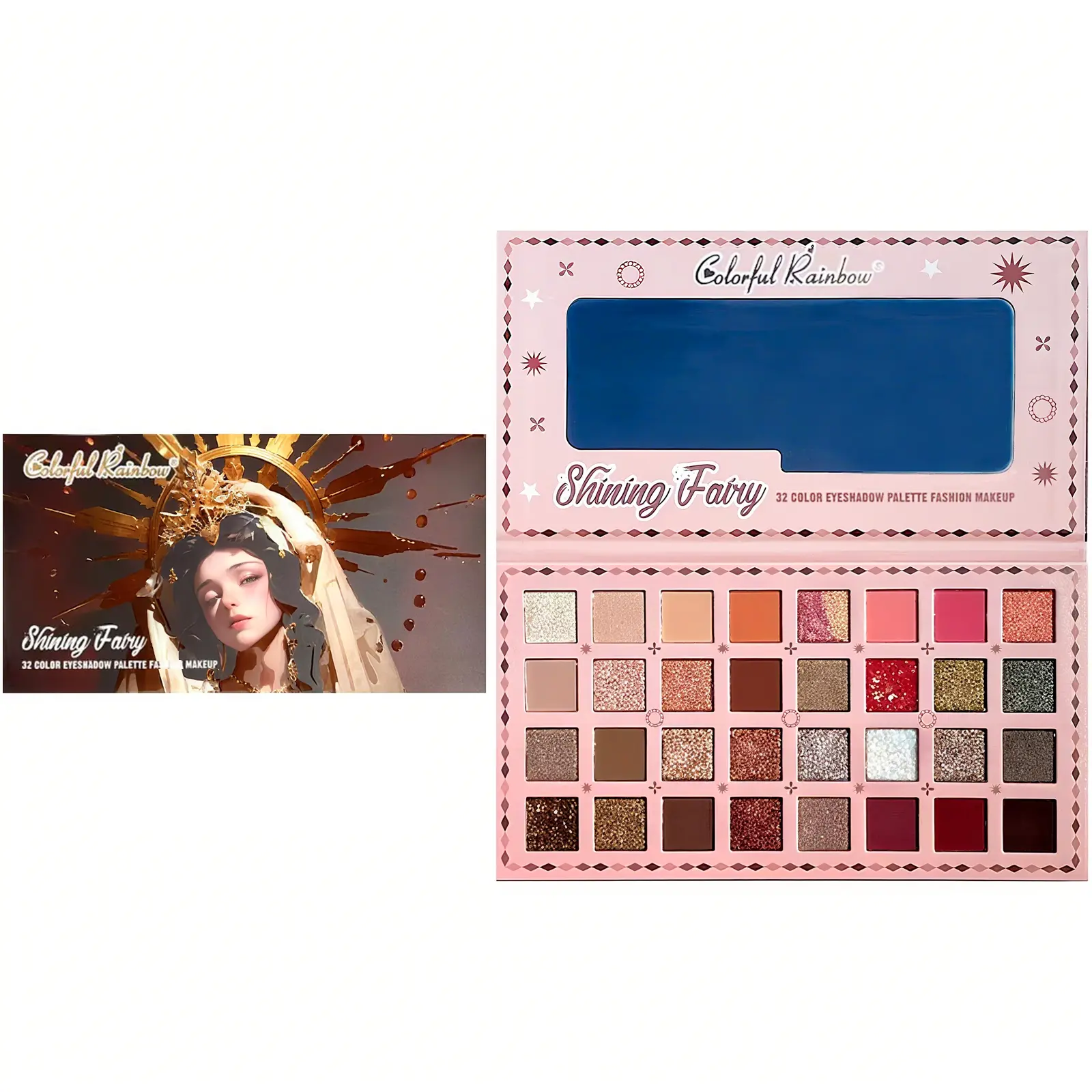 Shining Fairy 32-Color Eyeshadow Palette Highly Pigmented Rainbow Shimmer Shades for Stunning Ethereal Makeup Look Express Eyeshadow Solution