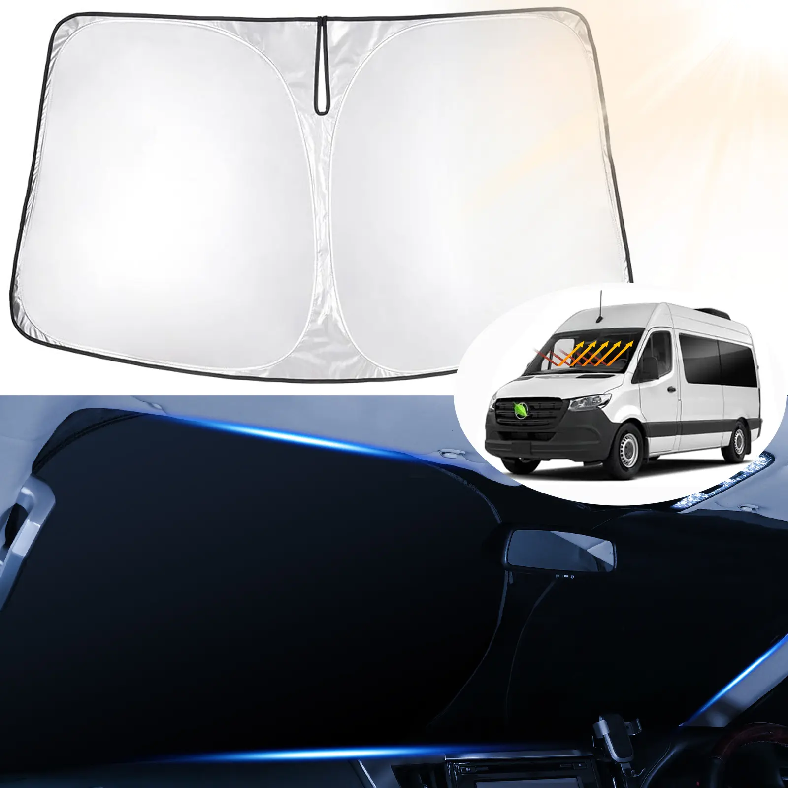 Canvcle Portable Car Windscreen Sun Shade Cover for Freightliner Sprinter & Mercedes Benz Sprinter 2007-2026, 240T Reflective Fabric Foldable UV Ray Blocker Sunvisor Front Window Protector, Portable Car Sunshade