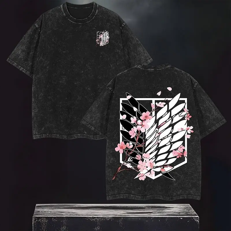 Men's Eren AOT Vintage Washed Distressed Graphic Shirt, Wings of Freedom Anime Merch 2025, Oversized Soft Casual Fit, Unisex Short-Sleeve Streetwear Top for Fitness, Wrinkle-Resistant Design