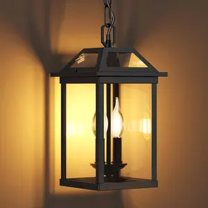 Large Outdoor Pendant Light with 2 Bulbs, 14.96" Modern Hanging Lantern Ceiling Mount, Waterproof Outside Chandelier Exterior Hanging Fixture with Tempered Glass for Porch