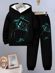 2026 New Boy's Fluorescent Marshmallow Printed Hoodie Set, Loose Sweatpants Two-Piece, Casual Long Sleeve Slim Fit Spring & Fall