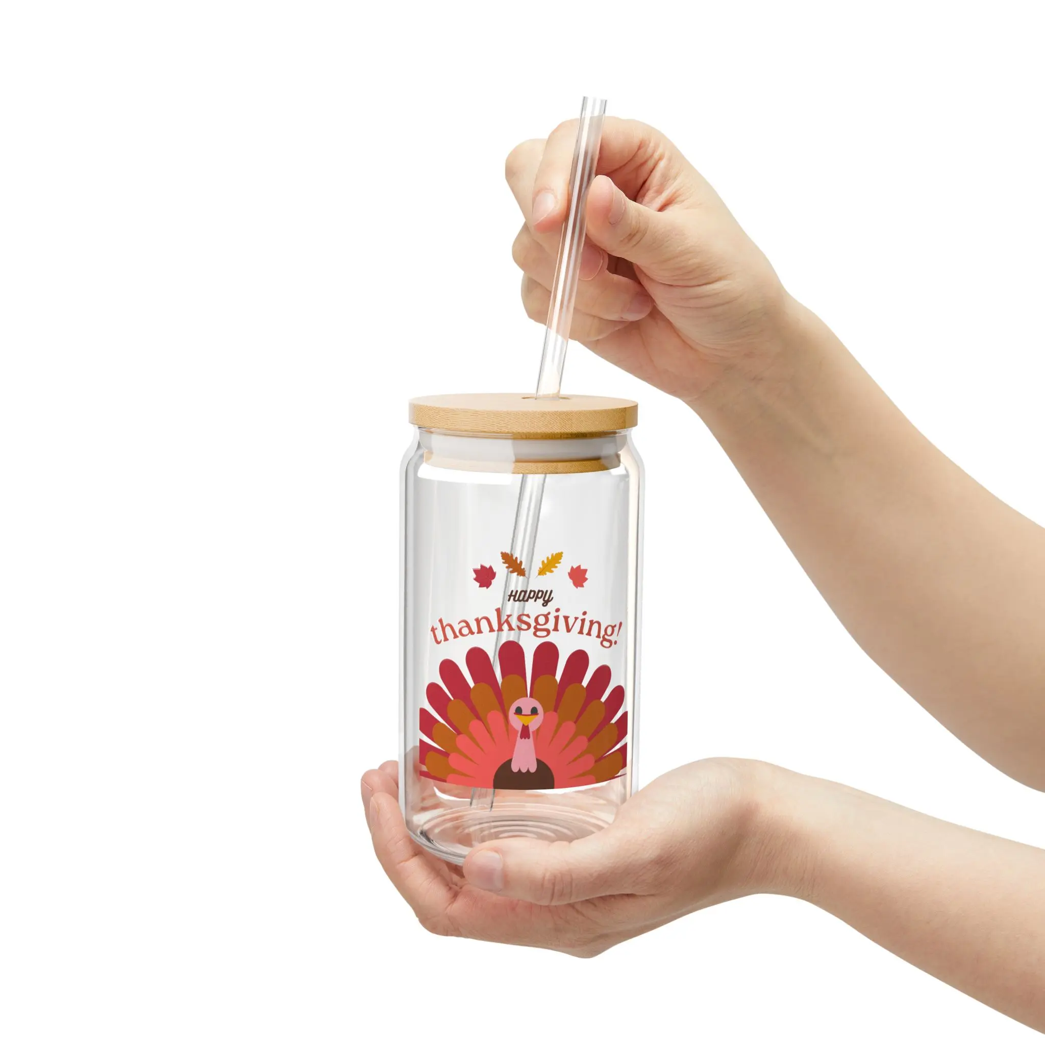 Happy Thanksgiving Sipper Glass - Fun 16oz Turkey Design with Bamboo Lid & Straw for Holiday Celebration