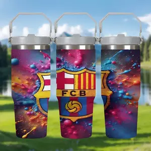 1pc Barcelona Football Blurry Art, 30oz Stainless Steel Insulated Cup, Water bottles - With straw and handle, suitable for camping, hiking and as a gift for festivals - Outdoor drinking container