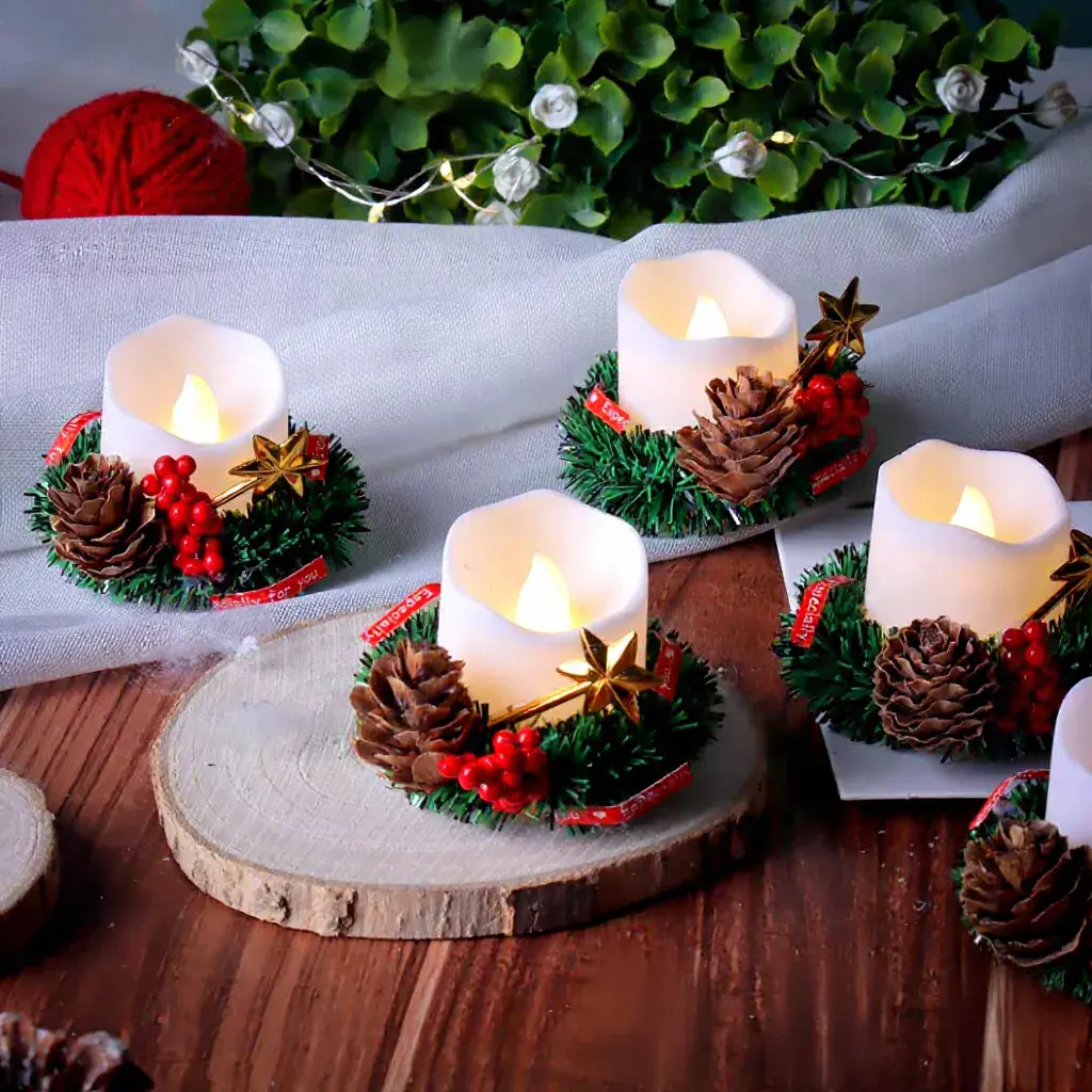 Festive LED Candle Holder with Pinecones and Berries for Chirstmas Holiday Decorations