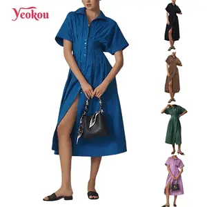 Yeokou Shirt Dress for Women Summer Casual Short Sleeve Button Down Loose Pleated Maxi Sundress with Pockets