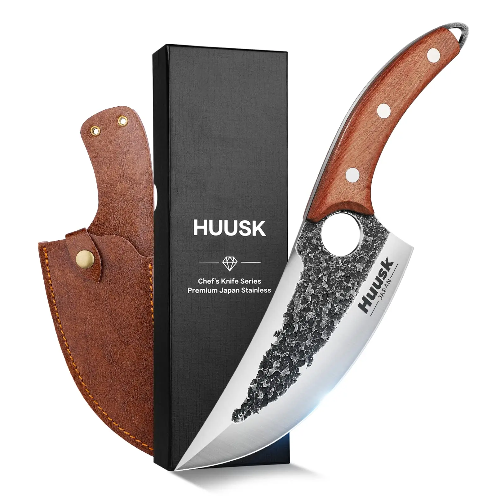 Huusk Upgraded Viking Knives with Sheath Hand Forged Butcher for Meat Cutting Cooking Sharp Cleaver Chef and Outdoor Camping, BBQ Knife– Perfect Father's Day  Gift!