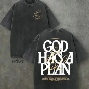 Vintage Washed Heavyweight Graphic Tee Oversized Streetwear T-Shirt Christian Apparel Faith Based Clothing God Has A Plan Jeremiah 2911 Scripture Quote Retro Gym Pump Cover Casual Drop Shoulder Short Sleeve Top Urban Fashion Tee