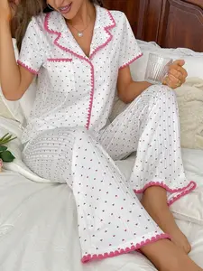 Women's Elegant Casual Sweet Cute Heart Colorblock Knit Matching Pajama Set, Pjs, Comfortable Homewear, Cozy Loungewear, Daily Wear, Two-Piece Sleepwear
