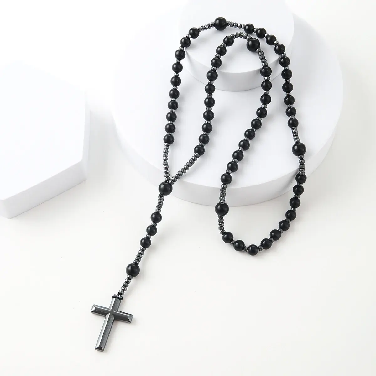 28'' Handcrafted Obsidian & Yooperlite Rosary Necklace - UV-Reactive Hand-Selected Beads, Hematite Cross, Unisex Spiritual Crystal Jewelry, Summer Layering, Lightweight Meditation Piece, Calming Summer Gift for Yoga Lovers
