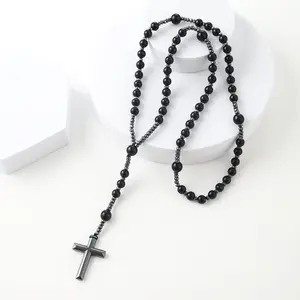 Natural Obsidian Yooperlite Rosary Necklace with UV Reactive Hematite Stone Cross Pendant for Women and Men Spiritual Protection Jewelry Gift Natural Crystal Necklace Wedding Engagement Jewelry Set