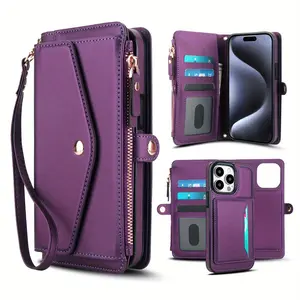 for iPhone 16e/ 16/ 15/ 14 Pro Max Wallet Case for Women, Support Wireless Charging with RFID Blocking Card Holder, Wallet Detachable Magnetic Phone Case Crossbody Strap