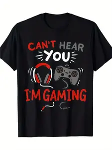 Men's Gaming Graphic T-Shirt- Cotton Casual Fit Short Sleeve T-Shirt with "I Can't Hear You in Game" and Controller Design- Breathable Casual T-Shirt Suitable for All Seasons, Suitable for Gamers, Gaming Apparel, Suitable for Outdoor, Sports and Da