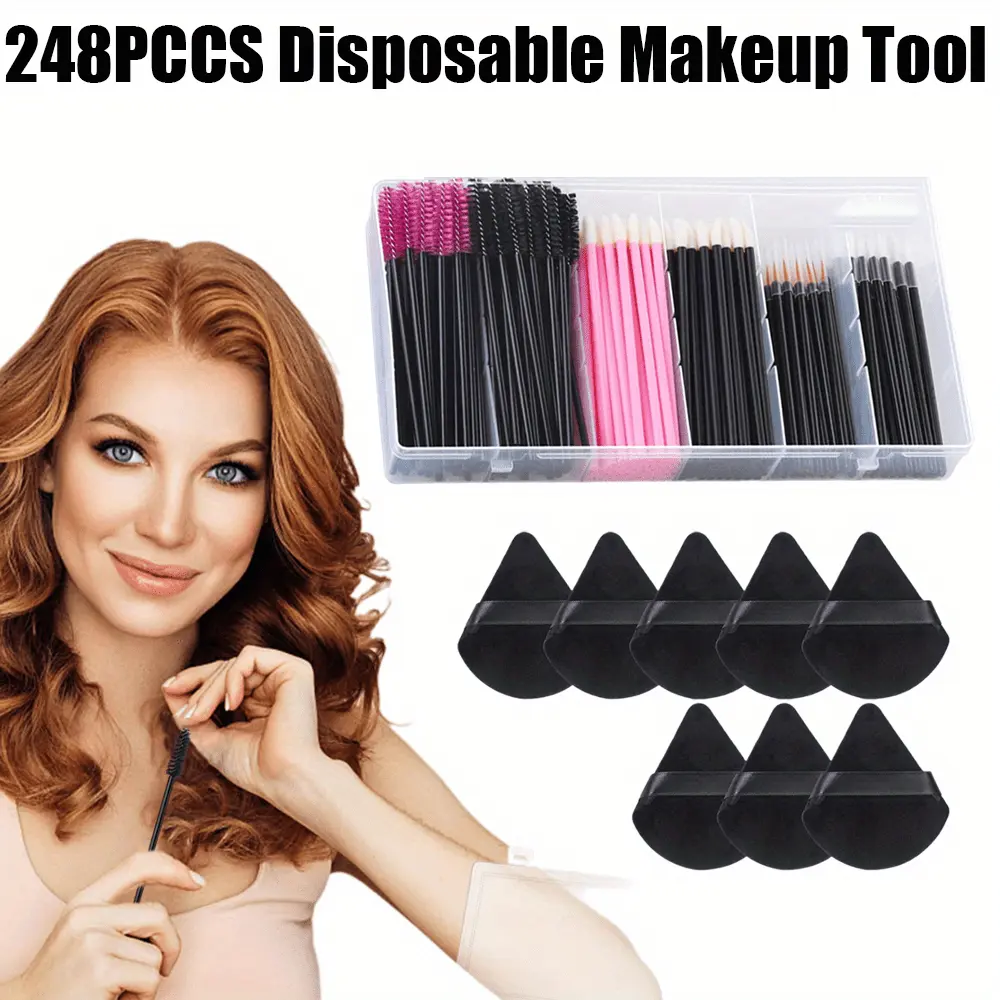 248 Pcs Disposable Makeup Applicators with Triangle Makeup Puffs,Mascara Wands,Disposable Lip Applicators,Eyelash Liner Brushes Disposable Makeup Applicator Kit for Makeup Artist Supplies,Hand Tools Kits