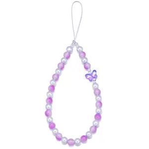 Beaded Phone Charm Wrist Strap, Detachable Anti-Theft Wrist Lanyard, Butterfly Chain, Hands-Free Pearl Phone Chain Wristlet Strap for Women, Bracelet Keychain Cute Fashion for Women