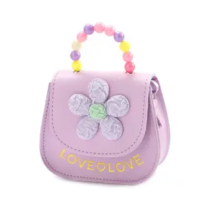 BeadBreath Pink Floral Saddle-Shaped Crossbody Bag, Adorable Beaded Handle Coin Purse, Children’s Shoulder Bag
