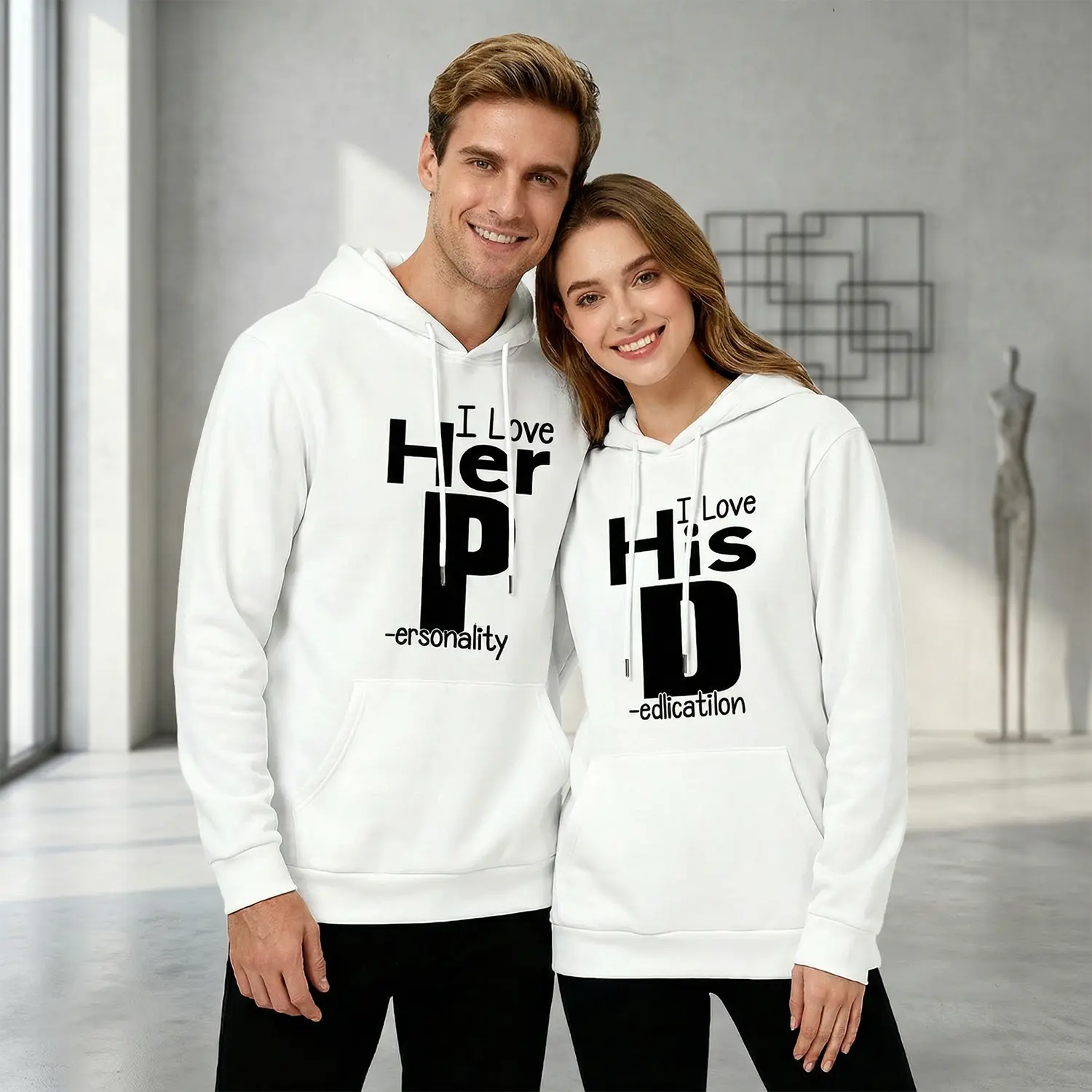 Couples Hoodie Set | "I Love His Dedication & Her Personality" Clever Matching Graphic, Playful Romantic Vibe, Perfect for Couple Outings & Relationship Celebrations