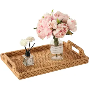 14.5inch Woven rectangular tray with handle, vintage-style woven decorative tray, bohemian-style seagrass coffee table basket, hand-woven decorative tray, suitable for kitchen, breakfast area, bathroom, outdoor: Home and kitchen supplies