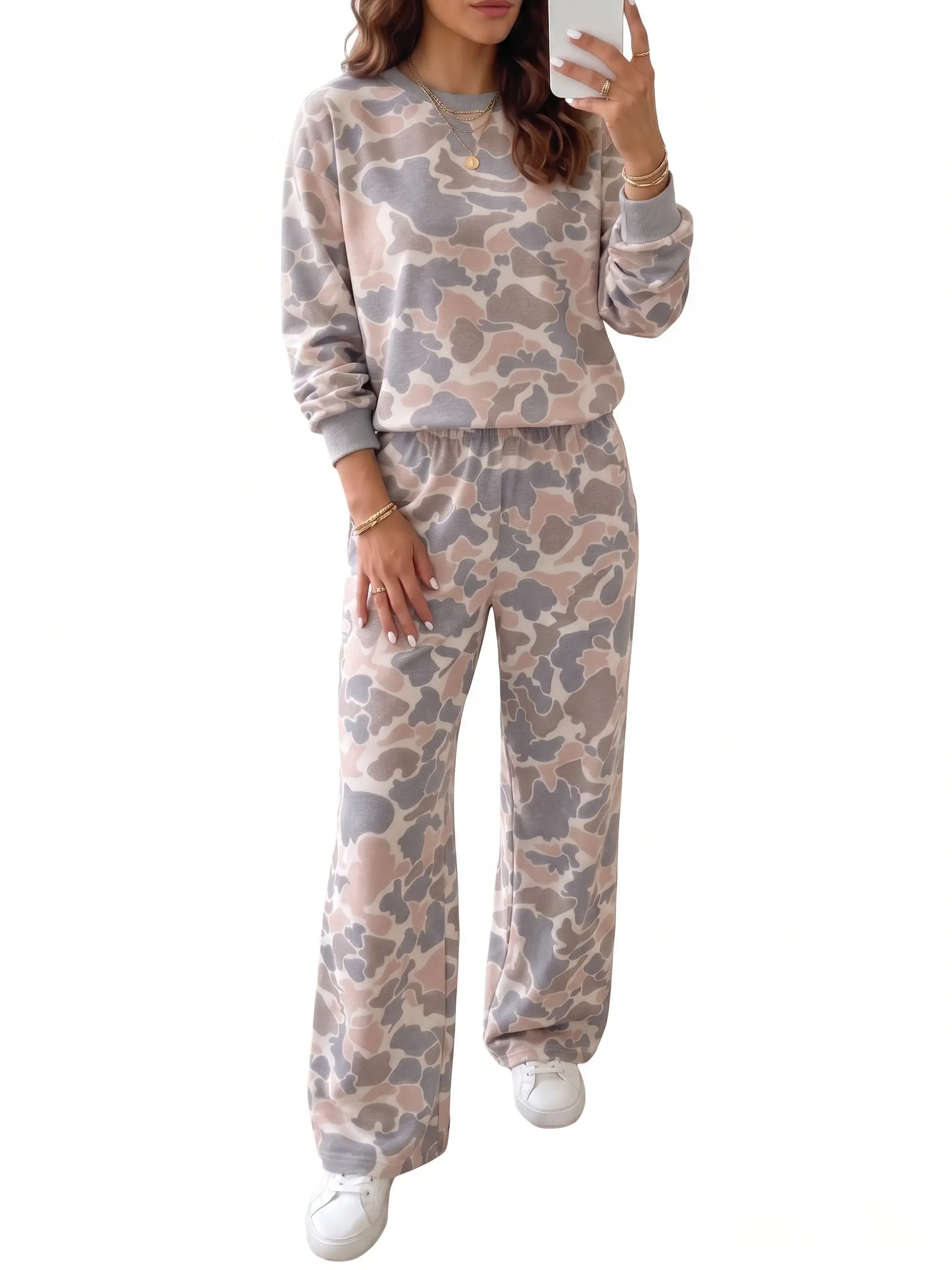 Women's 2 Piece Lounge Set Pastel Camo Long Sleeve Pullover and Wide Leg Pants Matching Sweatsuit Outfits