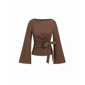 Cider Boat Neck Textured Side Knotted Ruched Long Sleeve Top