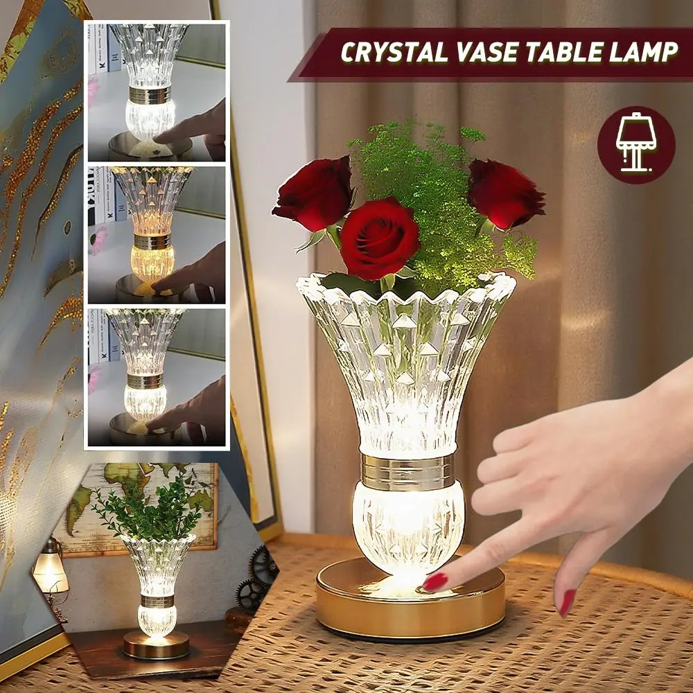 Crystal Vase LED Table Lamp, USB Rechargeable Touch Dimmable 3 Color Bedside Night Light for Bedroom Living Room Decor Cordless Modern Design