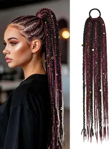 24 Inch Boho Braided Ponytail Extension, Hand-Braided Viking Dreadlock Beaded Hairpiece, Long Straight Synthetic Wig for Women Party Cosplay, Braided Hair Wigs, High Ponytail Wig