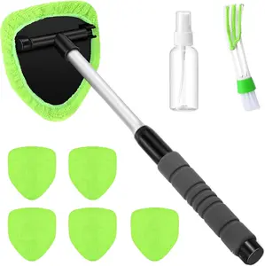 Windshield Cleaner Tool, Car Interior Detailing Cleaning Kit with Extendable Handle and 5 Upgraded High-Density Reusable Microfiber Pads, Auto Glass Wiper Brush Kit for Cars																	