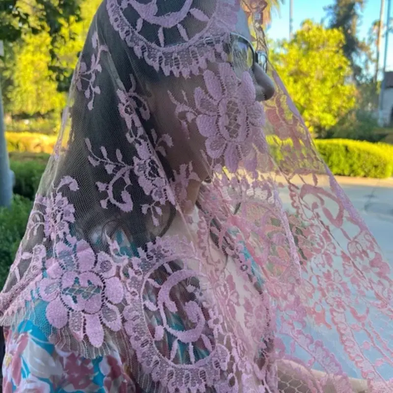 Authentic Pink Rose Leavers Lace Mantilla Veil, Classic Medallion Design, European Lace Chapel Veil