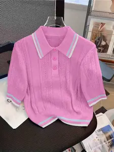 Women's Knitted Short Sleeve Lapel Polo Sweater, Fashion College Style Casual Design, Summer High-Quality Hollow Out Women's Top