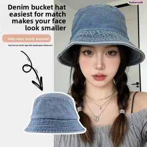 Unisex Washed Denim Bucket Hat, Wide Brim Sun Protection Fisherman Hat, Casual Streetwear Outdoor Cap for Women and Men, Lightweight Packable Summer Hat for Travel, Beach, Hiking, Fishing and Everyday Wear