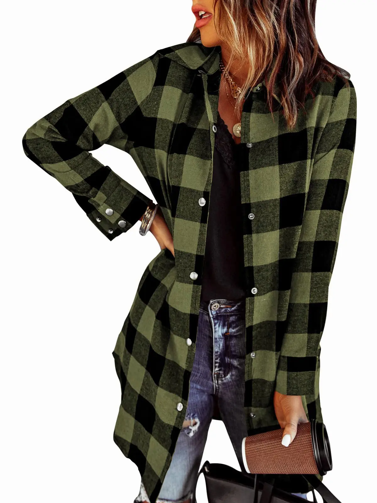 Women's 2025 Fall Fashion Long Sleeve Plaid Button Down Shacket Blouse Top with Pockets Collar Comfy Flannel Shacket Coat for Casual Wear Thin Essential Dress summerwins