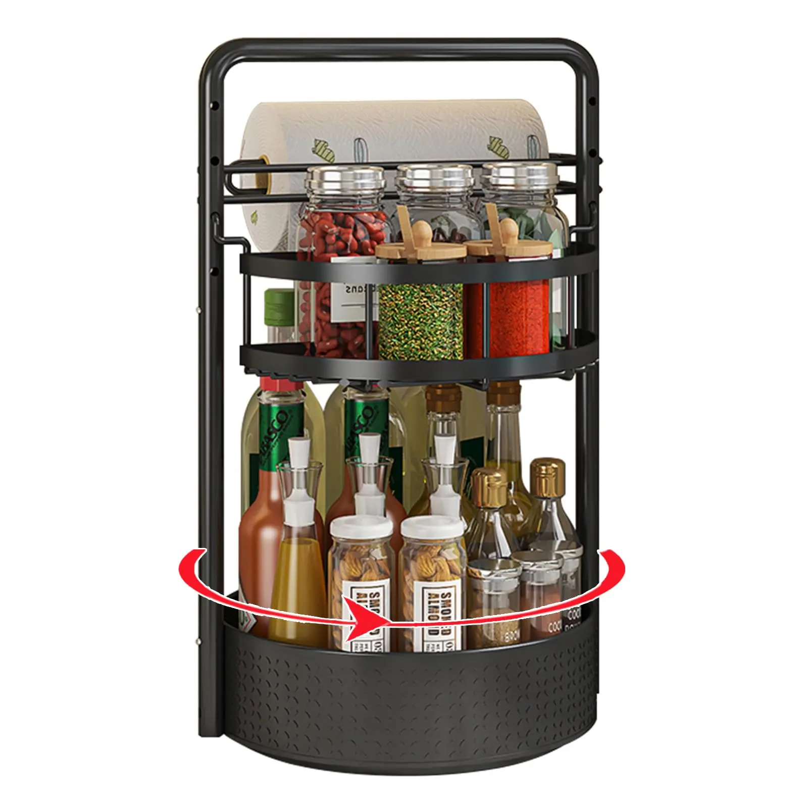 2-Tier 360° Rotating Spice Rack Organizer, Lazy Susan Countertop Storage with Full Round Base, Half-Round Upper Shelf and Top Handle for Kitchen, Pantry, Condiment Bottles and Jars, Black