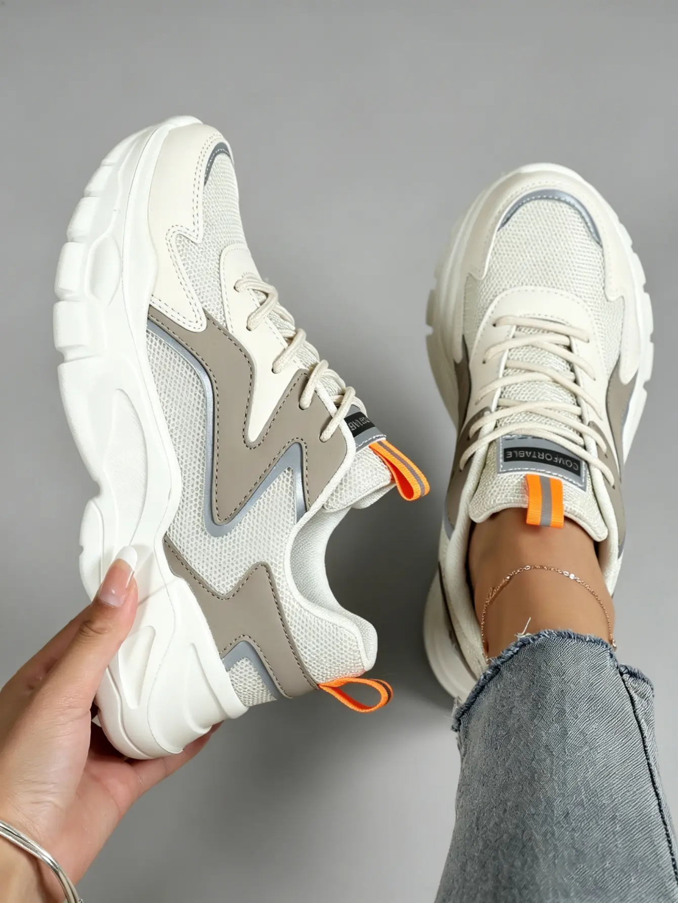 Women's Casual Sneakers, Minimalist Beige Colorblock Chunky Platform Trainers with a Faux Leather & Mesh Upper and Dual Orange Pull Tabs, Cuffed Low-Top Casual Trainers, Ankle