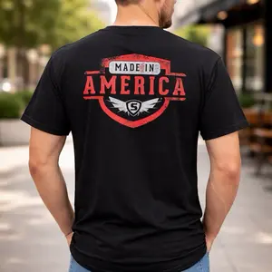 Black T-Shirt with MADE IN AMERICA Design on Back for Men Menswear Top