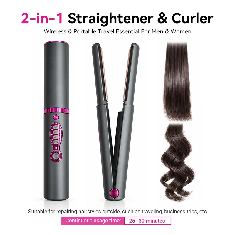 AnaEra 2-in-1 Styler Cordless Flat Iron Straightener & Curling Iron, Portable Rechargeable Temperature Control Curlers & Straighteners, Fast Heat-Up, 3 Adjustable Temps, Type-C Charging, Lightweight Travel Hair Appliance