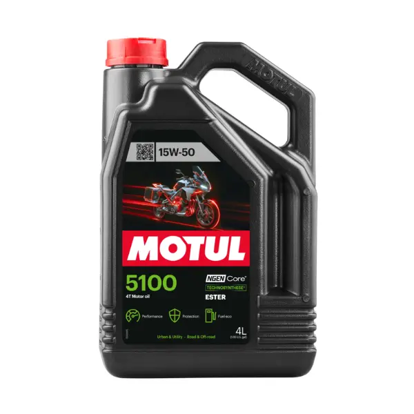 Motul 5100 4T 15W50 Motorcycle Oil - Technosynthese Semi-Synthetic with Ester - API SP JASO MA2 - For Street, Off-Road, ATV, UTV - Smooth Shifting & Engine Protection 4L