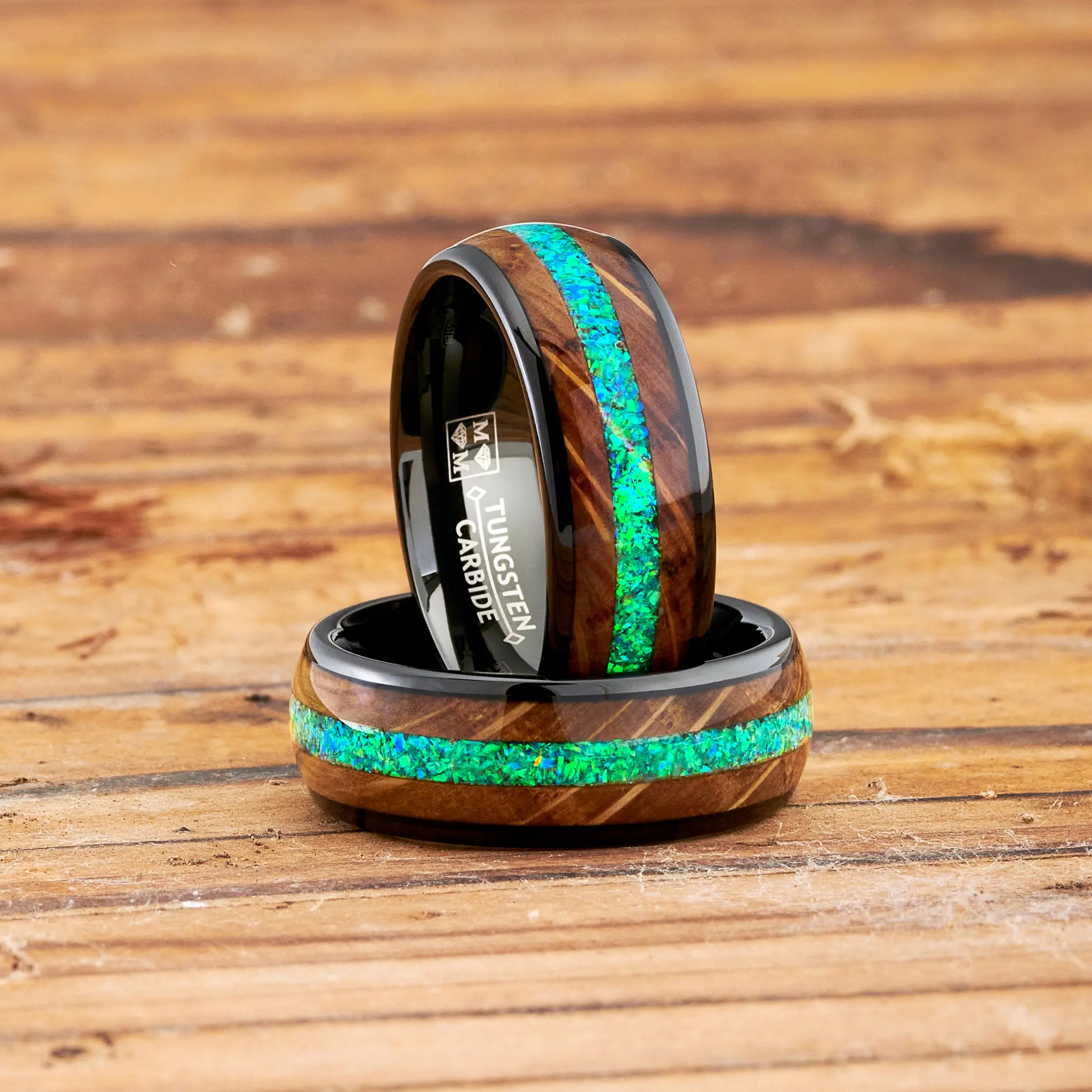 Men's Black 8MM Tungsten Elegant Engagement Ring, Whiskey Barrel Green Opal Inlay Wedding Band for Male Wear, Bold Look Rings