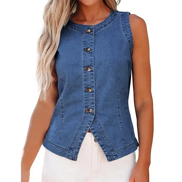 Luvamia Women's Sleeveless Denim Vest Medium Blue Fitted Crewneck Button Down Casual Summer Western Waistcoat for Everyday Style Womenswear,back to school,back to school shopping,clothes for back to school,first day of school outfits