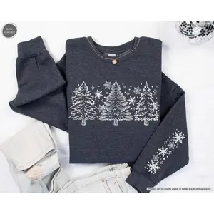 Snow Trees With Sleeve Sweatshirt, Women Winter Sweatshirt, Christmas Trees Sweater,Xmas Sweatshirt,Holiday Hoodies,Winter Season Sweatshirt