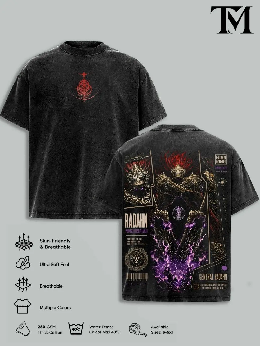 Men's Oversized Vintage Washed Heavyweight Cotton Round Neck Short Tops - 5 Elden Ring Prints (Ranni, Malenia, Radahn, Maliketh) Dark Fantasy Soulslike RPG Streetwear, FromSoftware Gamer Merch Gift for Fans, Menswear DDE