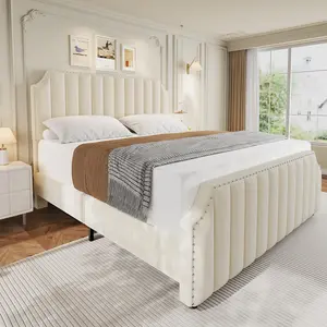 【GARVEE】Glam Up Your Bedroom! Queen Velvet Bed w/ 50" Tall Nailhead Headboard