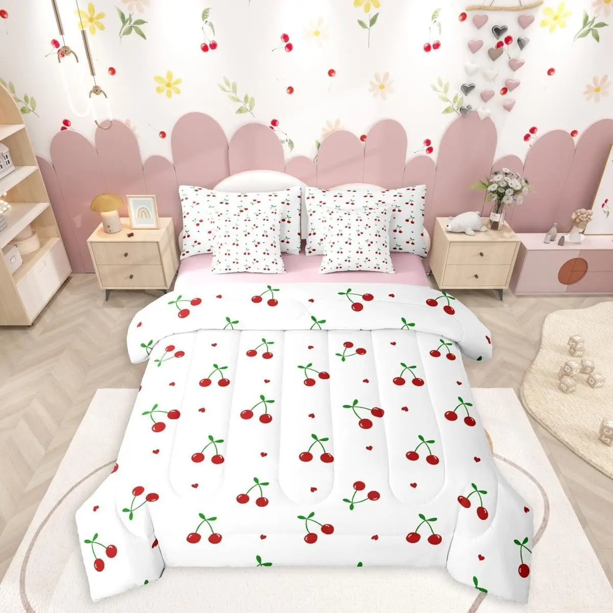 Feelyou 7-Piece Microfiber Bedding Set - Ultra-Soft Breathable Red Cherry Comforter, Bedsheet Sets & Blanket for Kids' Room Decor, Kawaii Cartoon Summer Fruit Design (Multi-Size, Halloween, Thanksgiving, Valentine's Day)