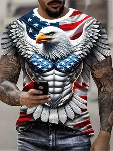 Men's Patriotic 3D Eagle & American Flag Print T-Shirt - Round Neck Casual Streetwear Comfort Polyester Short Sleeve Pullover for Summer Outdoor Activities, American Flag Clothing, Menswear