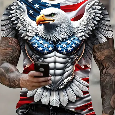 Men's Patriotic 3D Eagle & American Flag Print T-Shirt - Round Neck Casual Streetwear Comfort Polyester Short Sleeve Pullover for Summer Outdoor Activities, American Flag Clothing, Casual Fashion Clothing, Menswear