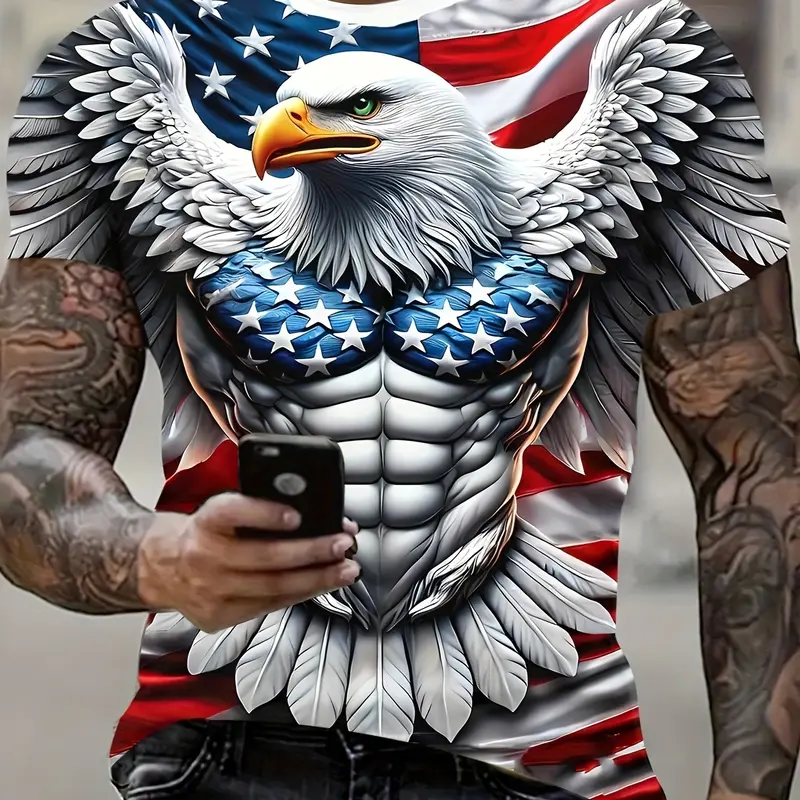 Men's Patriotic 3D Eagle & American Flag Print T-Shirt - Round Neck Casual Streetwear Comfort Polyester Short Sleeve Pullover for Summer Outdoor Activities, American Flag Clothing, Casual Fashion Clothing, Menswear