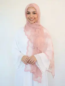 Women's Elegant Embroidered Hijab Scarf, Breathable Beach Long Shawl, Muslim Fashion Daily Turban, Stylish Floral Design