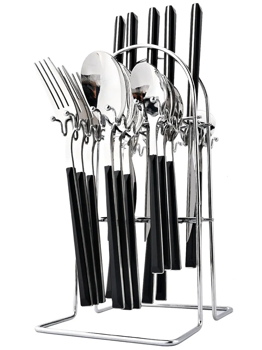 24Pcs Black Handle Flatware Silverware Set with Stand, Silver Stainless Steel Cutlery Set for 6, Square Handle Eating Utensils, Mirror Polished