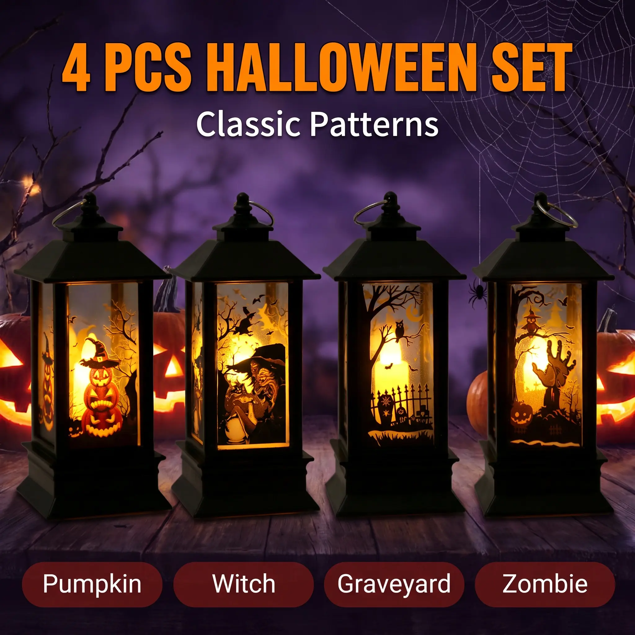 COTTONHK 4-Piece Smart Halloween Silhouette Lantern Set - USB-Powered Retro Black Spooky Pumpkin "Joker" Warm Amber Mini Lights for Window Sill, Desktop, Hanging Indoor Party Decor
