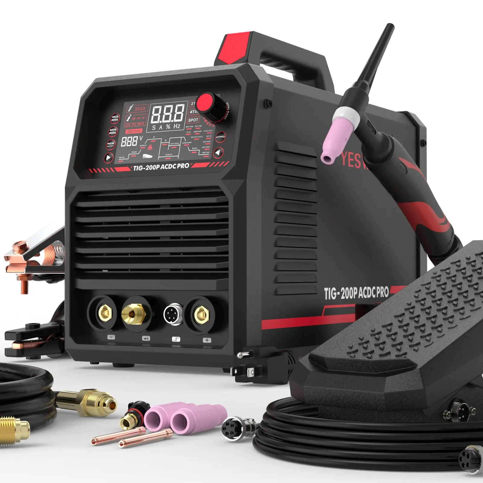YESWELDER TIG-200P-ACDC-PRO&Foot Pedal Hybrid AC/DC Aluminum TIG Welder 200Amp | AC TIG/DC TIG/Mix TIG/Spot TIG/Pulsed TIG/Stick | HF Start 110/220V Dual Volts Welding Machine with Pulse