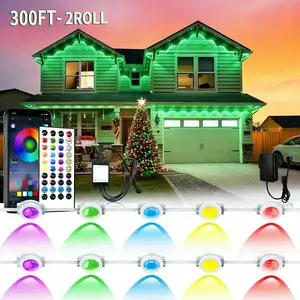 300 FT Permanent Outdoor RGB Lights, Smart App Control Eave Lights with Music Sync, 16 Million Colors, Waterproof LED String Lights for House, Patio, Christmas & Party Decor
