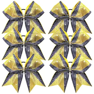 6 count 8" Large Glitter Navy Blue and  Cheer Bows Two Toned Rhinestones Stiff Cheer Hair Bows Elastic Band Competition Bows for Cheerleader Team Girls  -Navy/